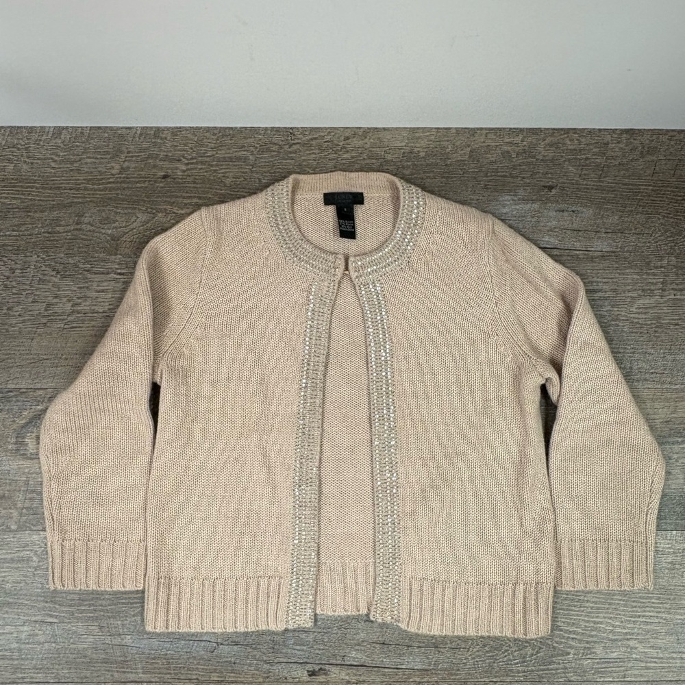 J CREW Beige Sparkle 3/4 Sleeve Open Front Wool Sweater Holiday Classic Size S
